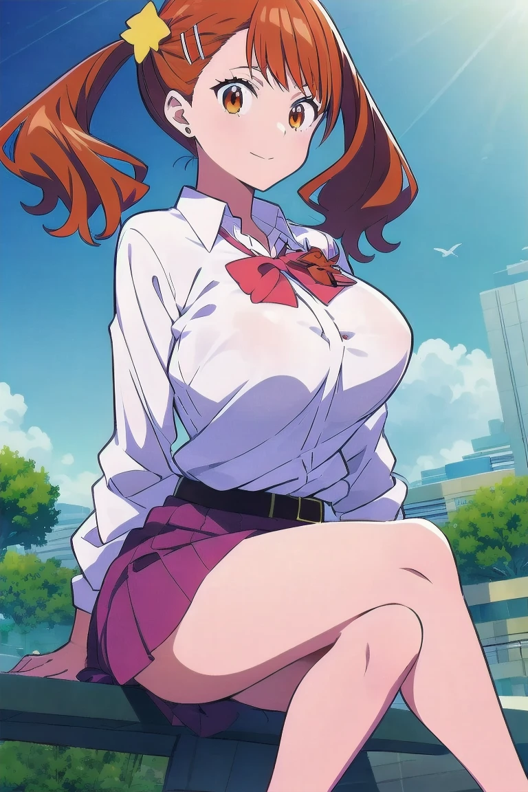 score_9,score_8_up,score_7_up,score_6_up, takeda hiromitsu style,1girl, breasts, pantyhose, thighhighs, solo, gold eyes, long hair, orange hair, ponytail, huge breasts, shirt, tented shirt, plaid, outdoors, black skirt, smile, looking at viewer, high ponytail, thighs, sky, tree