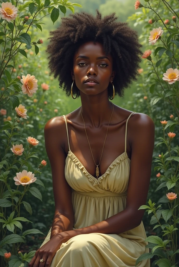 Une jeune femme noire africaine de peau d'ébène assis sur un jardin 