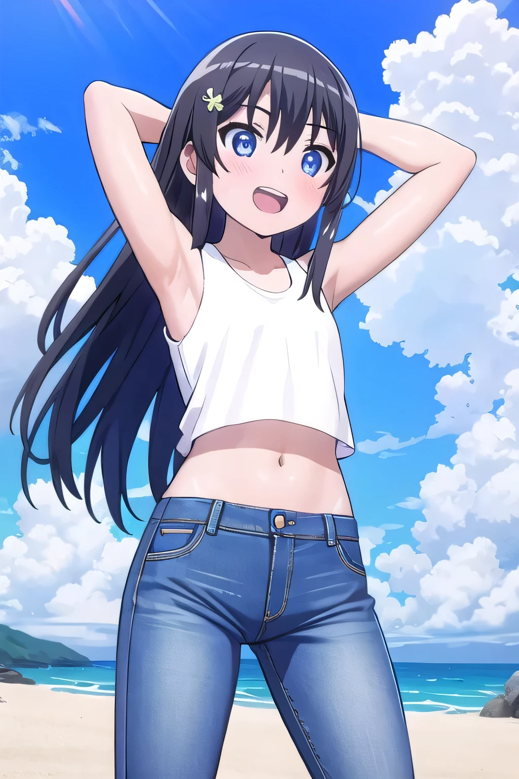 masterpiece, best quality, ultra detail, ((Perfect Face, perfect eyes, perfect hair, perfect arm)), 1girl, o, petite, ((round face, ecstasy, orgasm face, drooping eyes, shame smiling, blush)), dropping eyes, sleepy, Open mouth, ((White teeth)), background((under the beach, (day:1.2), ocean, bright sky)), saten ruiko, (blue eyes:1.2), (black hair:1.2), crossed bangs, hair between eyes, hair ornament, flower ornament, (long hair:1.4), (straight hair:1.7), ((arms behind head, hands behind head, fingers behind head)), ((contrapposto)), spread armpits, looking at viewer, (white tank top:1.4), (white crop top:1.4), (jeans pants:1.2, flares jeans:1.2, skinny jeans:1.2, blue jeans:1.2), standing, (legs spread:1.4), sex pose, Sweaty crotch, Steam from the crotch, from below, whole body