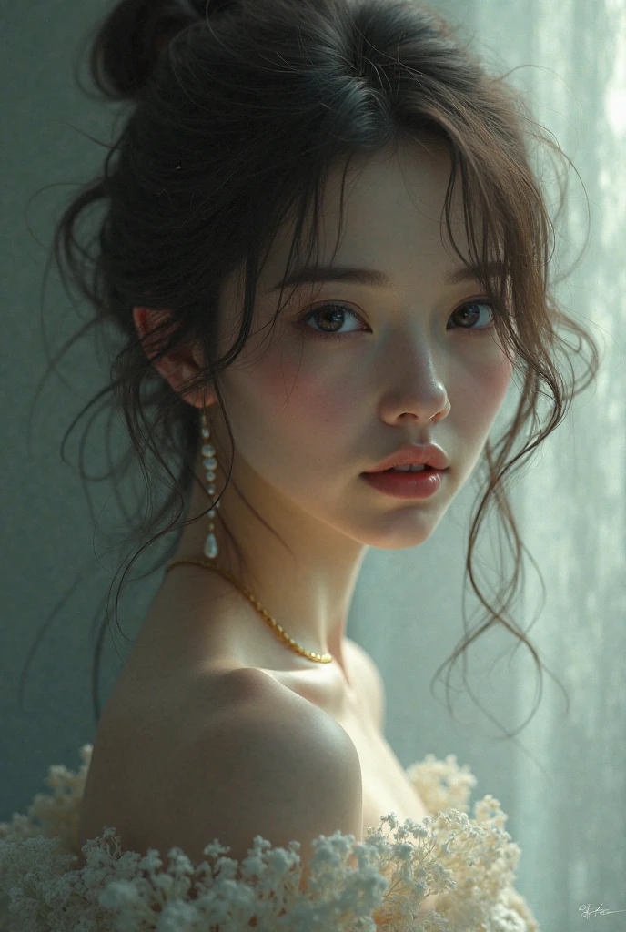 Best quality, masterpiece, ultra high res, (photorealistic:1.5), raw photo, 1girl, offshoulder, in the dark, deep shadow, low key, cold light, sexy look, short hair