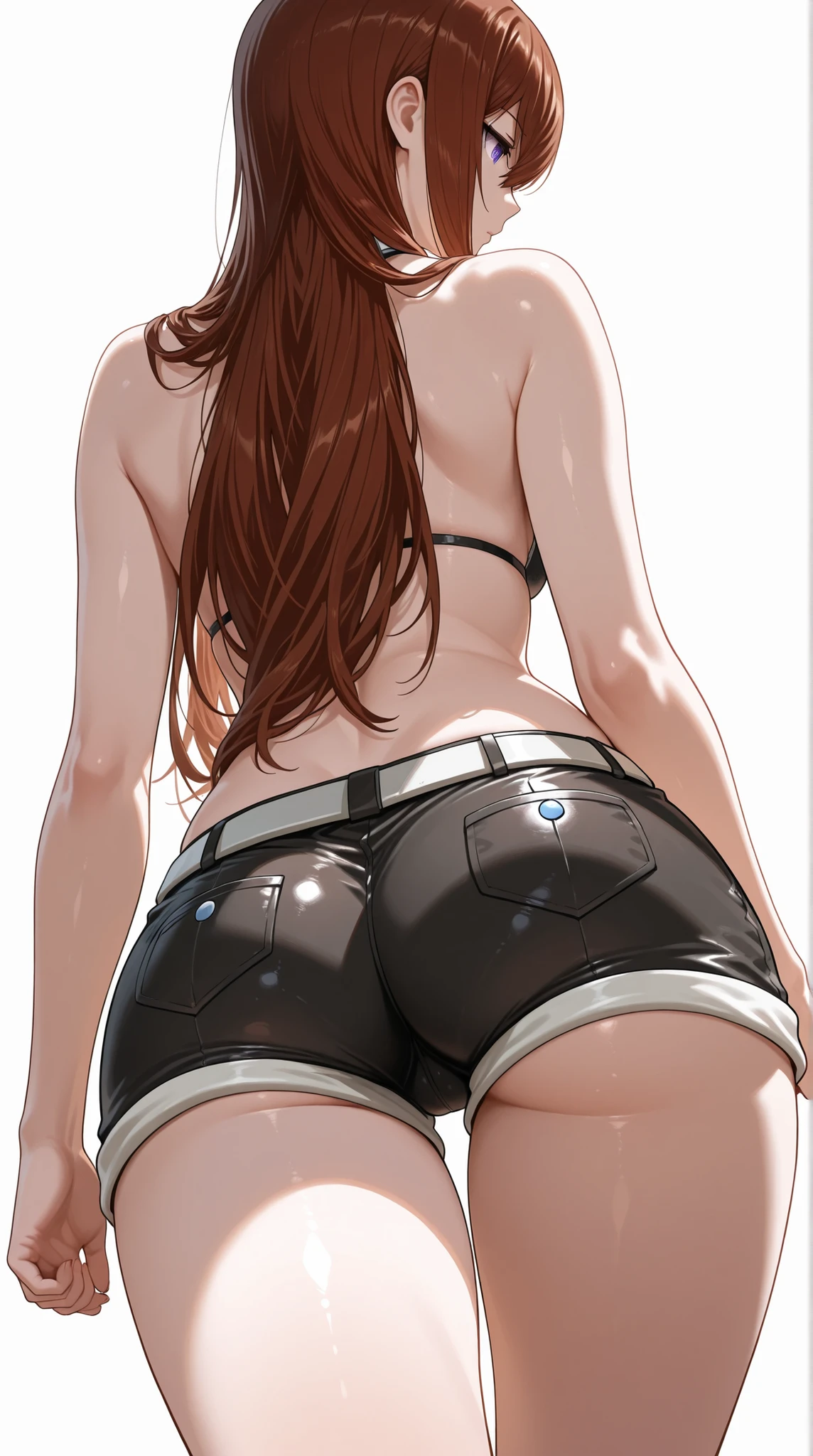 Steins Gate, makise kurisu, white background ,curvy,(from behind,below),real skin texture 
