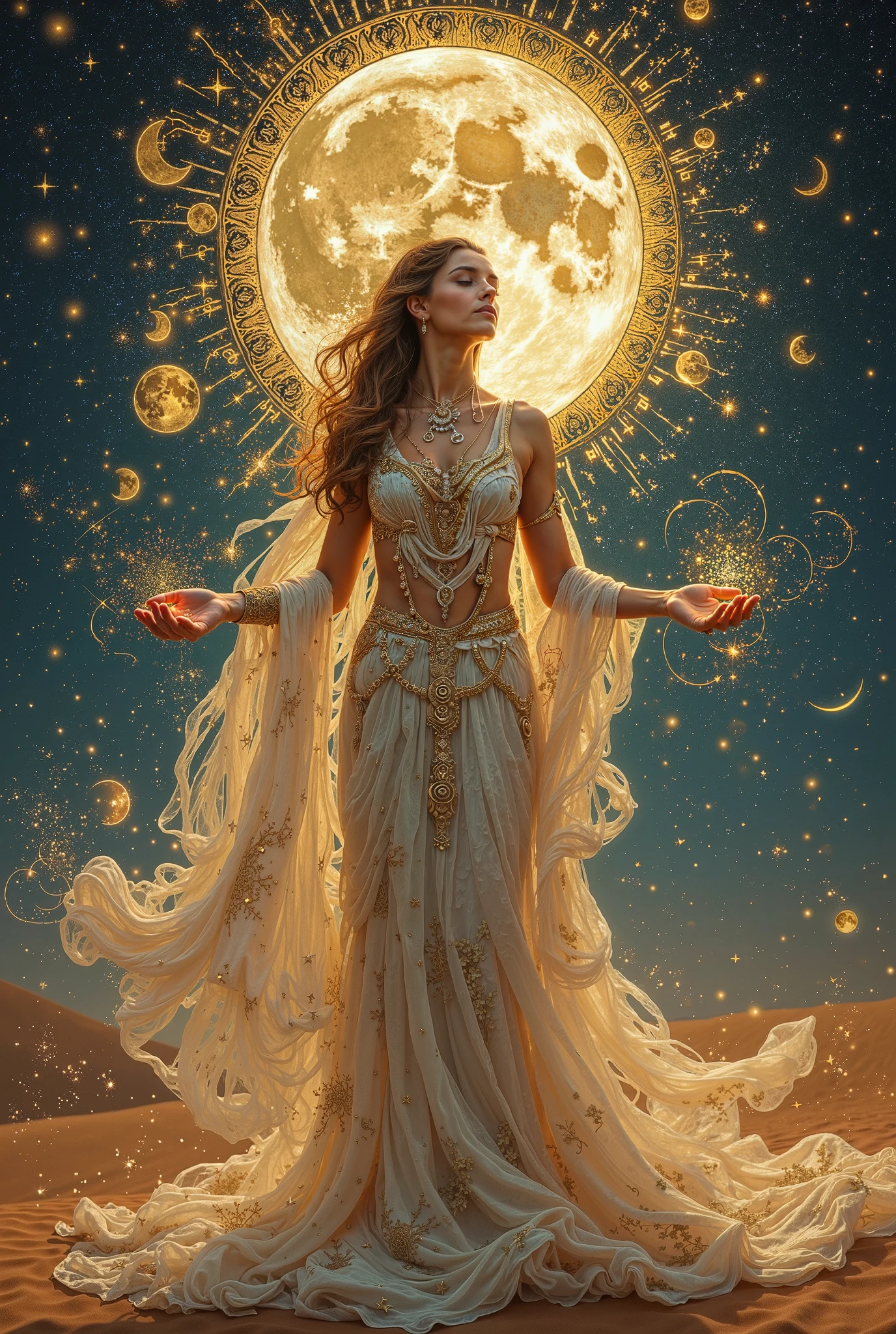 A divine feminine figure cloaked in celestial silks, standing amidst swirling golden arabesque patterns, her eyes glowing with ancient wisdom. Crescent moons and stars orbit around her like a halo, her presence radiates serenity and power. Ornate calligraphy flows from her hands like ethereal energy. A mystical desert night sky with a luminous full moon in the background, blending sensual grace with sacred geometry, evoking divine mystery.