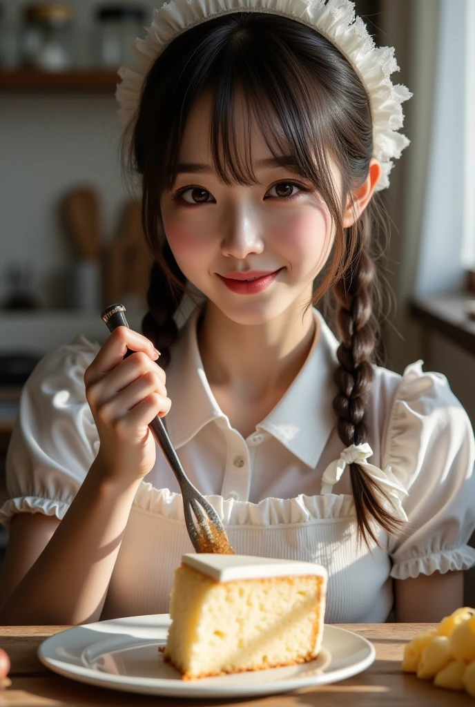Super Real, Photorealistic, Dramatic scene, shadow, global lighting, Documentary Photo, solo, (Age Famous Japanese Idol Girl:1.5), a very beautiful and delicate Japanese girl, Very beautiful、very cute but boyish cool face, I'm getting close to her detailed face , Detailed Facial Skin Textures, focus on the face, dynamic angle, (Modern maid:1.2), (puts frills on her cute colored maid clothes:1.2), (very big breasts), slim waist,  she's cooking a beautiful cream cheese pound cake。,  ,  The beautiful cream cheese pound cake is on an old plate。, kind smile, professional lighting、ケーキ🍰を撮って