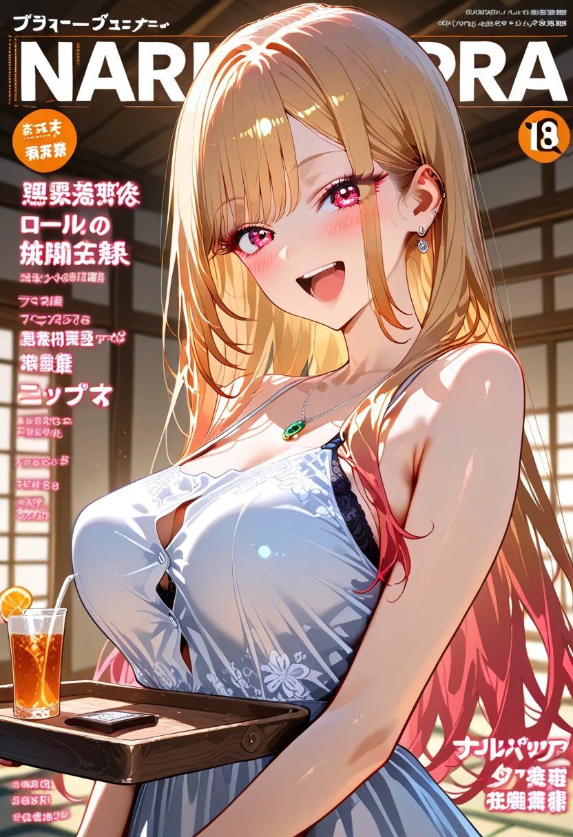 score_9,score_8_up,score_7_up,18 year old,1girl,asuna,asuna \(SAO\),yuuki asuna, brown eyes, brown hair, long hair, bangs, braid,sitting, holding cup, smile,large breasts,brown hair,parted hair,long hair,red dress,halter dress,plunging neckline,center opening,cleavage,navel,earrings,bracelet,people,multiple boys,restaurant,