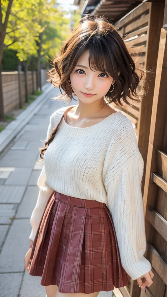 Best image quality, focus, soft light, 10 years old, ((Japanese)), (((front, young face))), (depth of field), super high resolution, (realistic: 1.4 ), RAW photo, (knit clothes), skirt, masterpiece, highest quality, (photoreal), woman, smile, bangs