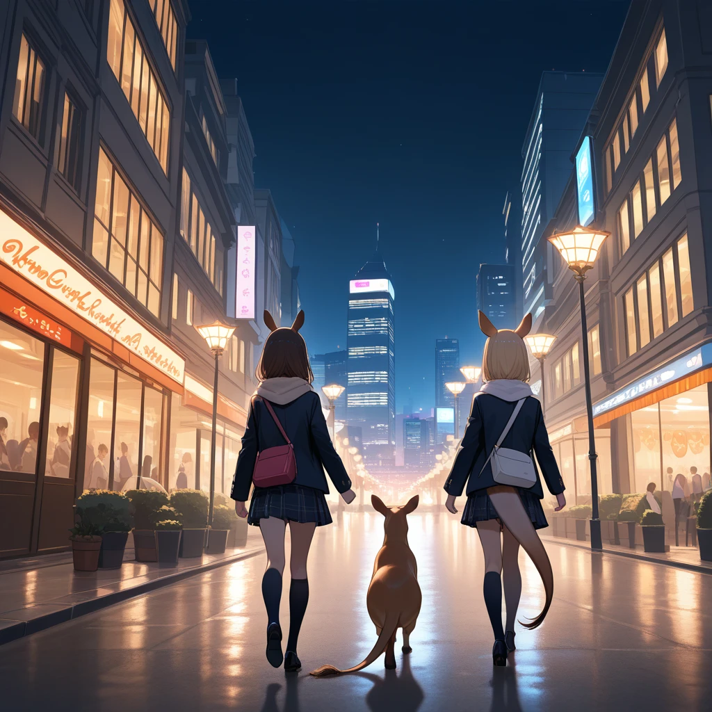 Kangaroo girl walking around the city at night,  drawing attention.