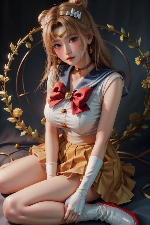 masterpiece, highest quality, High resolution, Venus 1, One girl, alone, Sailor Warrior Uniforms, Sailor Venus, aino minako, Blonde, Magical girl, blue eyes, Orange Skirt, Elbow hand pockets, tiara, Pleated skirt, hair bow, Orange sailor collar, mini skirt, choker, red bow, orange choker, White gloves, Very long hair,  jewelry,  Earrings, Sitting, Crossing your legs,