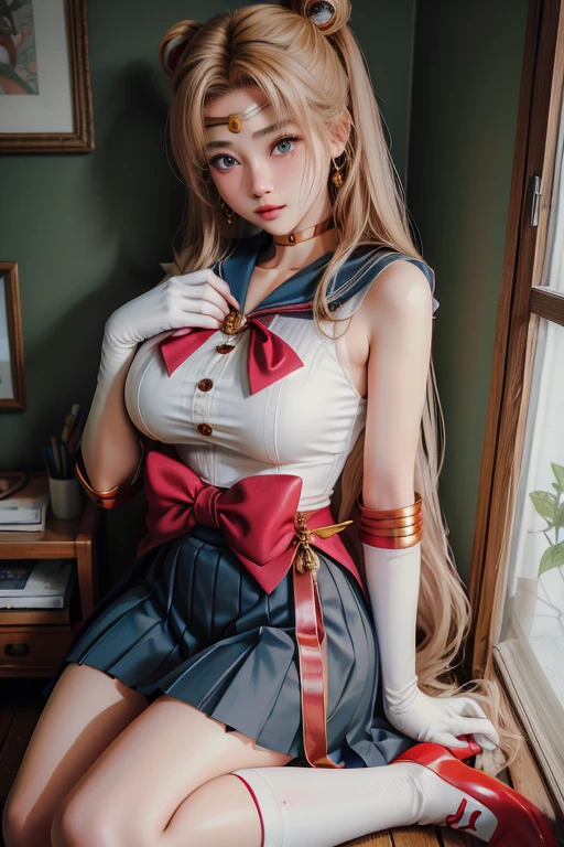 Masterpiece:1.3, a breathtaking work of art in 8K resolution, showcasing Extreme Details in a 3D, highly realistic CG Unity 8K Wallpaper. From below, the intricate details of (1 female) come to life, exposing her thin and fit body, clad in a luxurious Sailor Senshi Uniform of blue color, complete with a very large red ribbon on the chest. Her long, twin-tailed blonde hair is adorned with a red round hair ornament in a hair bun, and her bright blue eyes sparkle with a beautiful countenance. Thin, sharp, pale eyebrows frame her thin lips