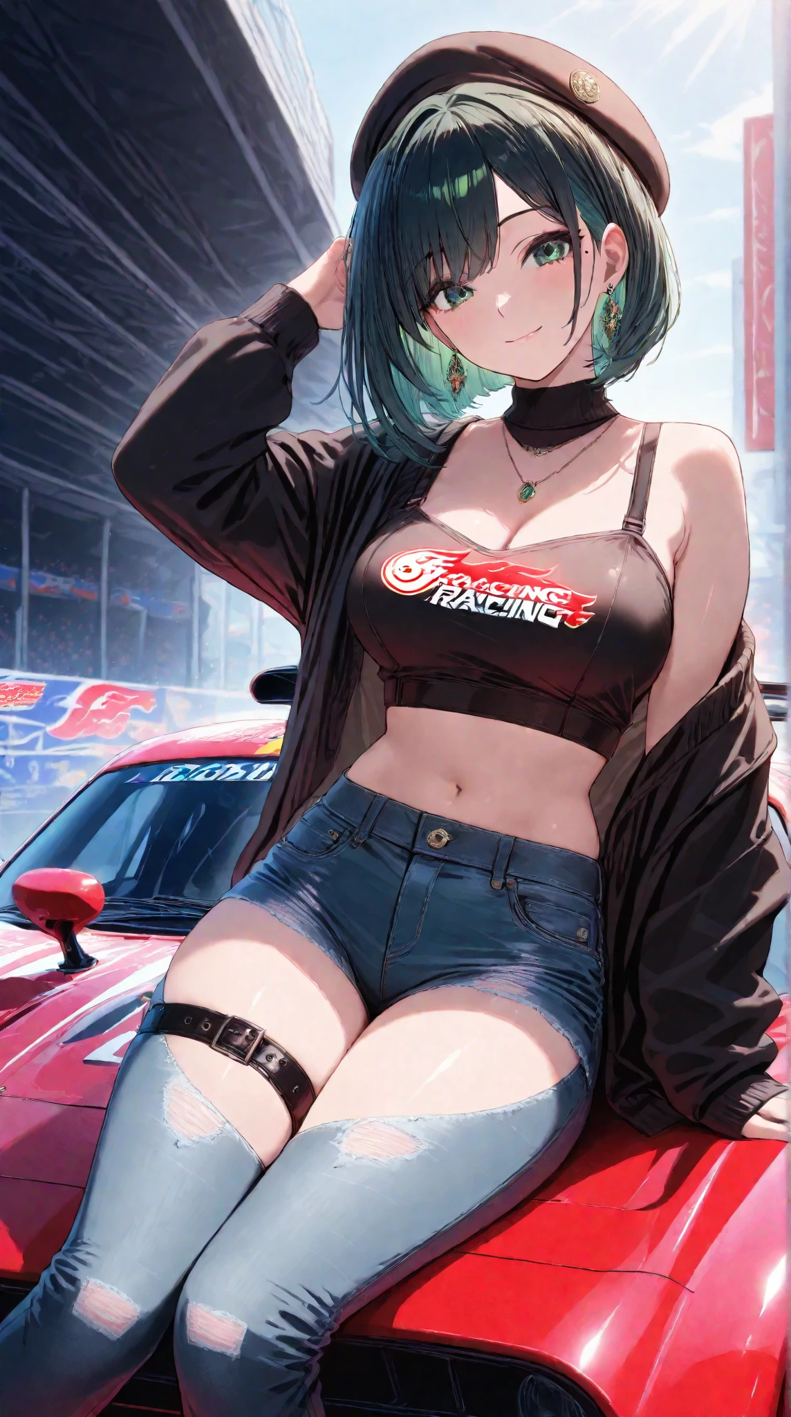 sporty girl with Asian features,(((1girl))),((girl with dark hair and turquoise highlights)),((asian girl,Japanese woman)),
(large breasts:1.4),saggy breasts,(((Black hair with turquoise streaks:1.35,straight hair,long hair:1.4,colored inner hair,ear breathing))),((heterochromia:1.5, (pink_eye and aqua_eye))),((fat)),(((lustrous skin:1.5,bright skin: 1.5,skin tanned,shiny skin,very shiny skin,shiny body,plastic glitter skin,exaggerated shiny skin,illuminated skin, wet legs))),(spider lower abdomen,narrow waist,wide hip,athletic body,inflated legs,detailed body,(detailed face)),
cute,slutty,seductive,erotic,((nsfw)),
zettai ryouiki,((two-piece swimsuit magenta,wearing a bikini outfit:1.3,sport bikini)),(rgb headphones:1.5,cyber gloves:1.5,huge mech-gloves),((wet clothes,intricate outfit,intricate clothes,intricate swimsuit, intricate bikini)),
(dynamic pose:1.0),embarrassed,(centered,scale to fit dimensions,Rule of thirds),
cyberpunk city by the ocean at night, with bright neon signs and dark stormy clouds and puddles, scenery:1.25,
artistic photography,(photography taken by sldr),highres, sharp focus, (ultra detailed, extremely detailed), (photorealistic artwork:1.37),(extremely detailed CG unity 8k wallpaper),((synthwave background theme)),(((vibrant colors))),(intricate background),(masterpiece),(best quality),