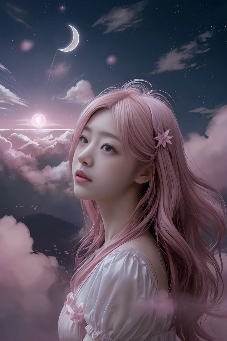 桜の木、桜散る人のいない世界、Big Crescent Moon、 night, starry sky, sparkling, white clouds fairyland, dreamy romantic, dreamy atmosphere and drama, very magical and dreamy, dreamy scene, heaven pink, on the clouds, the sky is pink, heaven, 