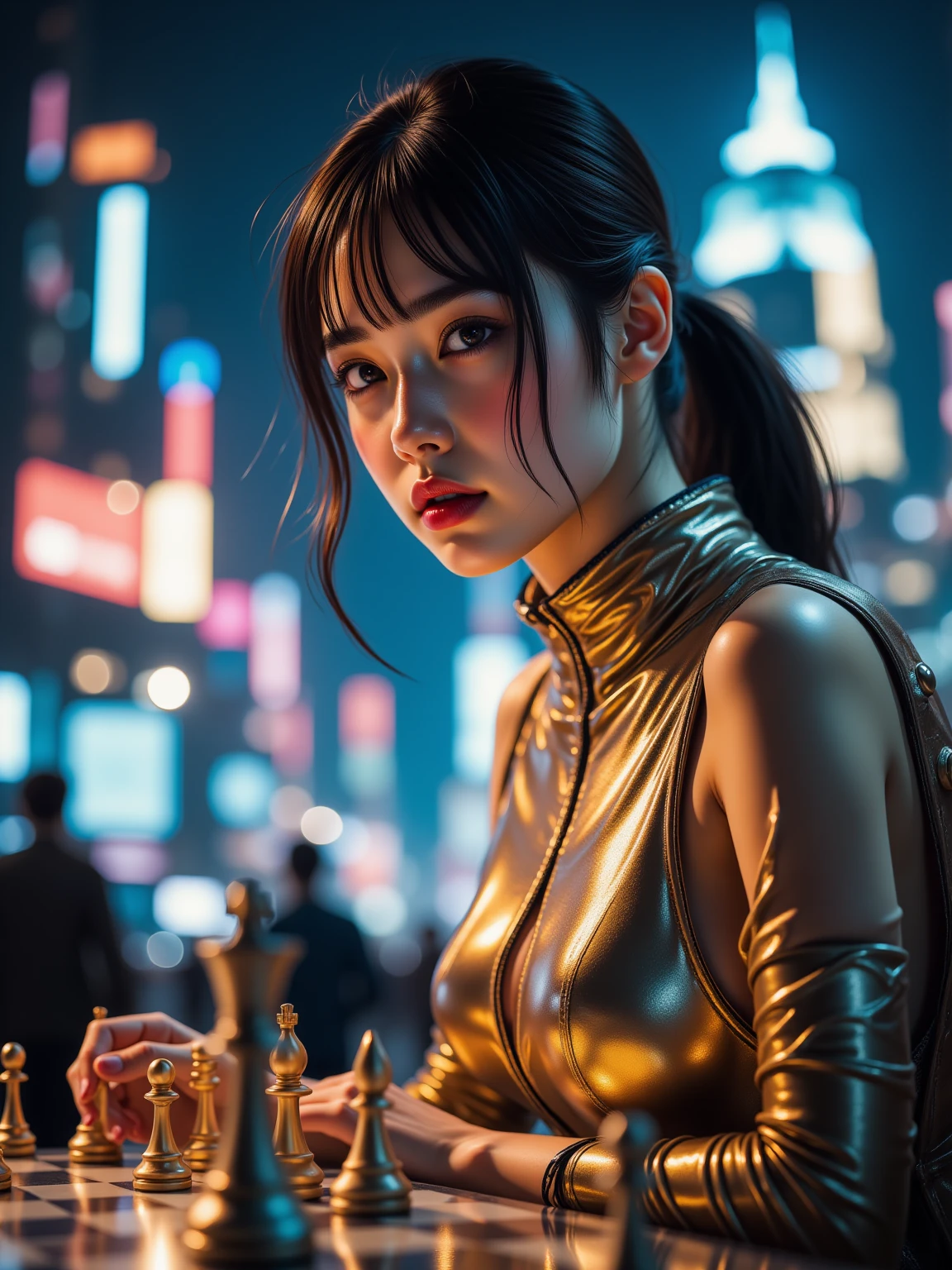Realistic details. A beautiful girl in a futuristic world is sitting at chess with concentration in an elegant posture, wearing a cyberpunk dress in gold and silver with a cutting-edge design, shining as if made of high-tech materials, hairstyle, ponytail, straight hair and visually thin bangs. The face is resolute. Mind and sharp, the eyes are full of strategy and deep thinking. The backdrop is a city of the future filled with cutting-edge technology, exotic structures that have never been created before, neon lights, reflections and elements all look beyond imagination, realistic, as if they were photos from the future.
