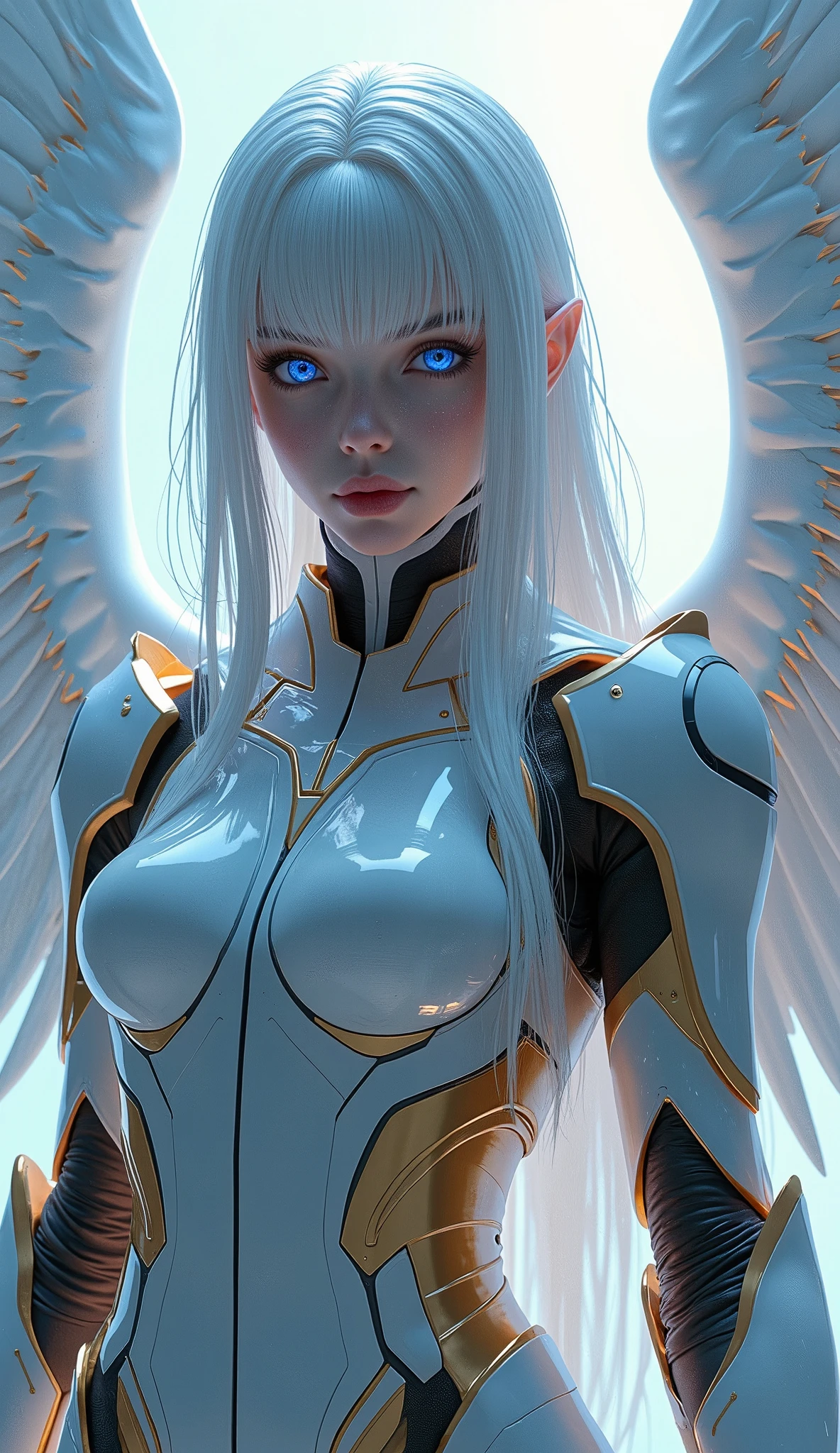 (realistic, Solo, 1girl wearing cyber armor, beautiful blue eyes, long silver hair, holographic archangel wings, (huge breasts: 1.3), (nude: 0.8) (simple glowing background:1.25), (holding giant sword in front of her, holding sword:1.3), masterpiece, best quality, high-angle, Hyperdetailed, masterpiece, best quality, 8k, natural lighting, diffused moonlight glow, sunlight, HDR (High Dynamic Range), Maximum Clarity And Sharpness, Multi-Layered Textures white and bronze armor