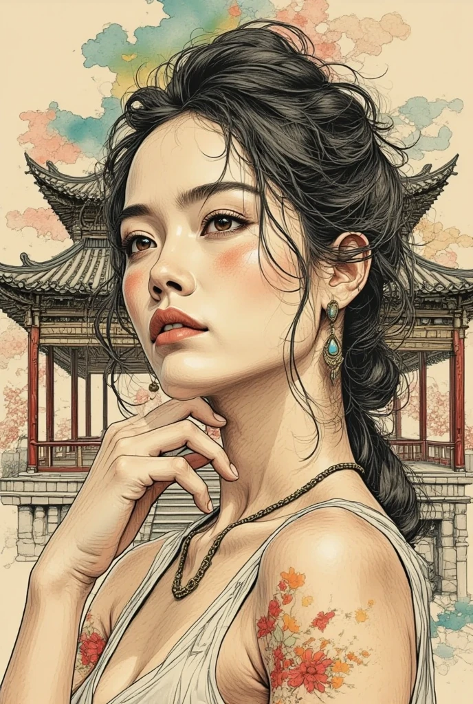 Asian woman against the backdrop of an oriental pavilion. Thoughtful eyes, expressive facial expression. Anatomically correct hands. Intricately designed hair. Jewelry. Proportional body. Interesting, dynamic pose. Intricate composition. Finest details. Suppressed colors. Lines. Points. Splashes. Rhythm. Color perspective. Tonal perspective. Stylizing. Linear digital art. Surrealism. Illustration. Ink. Watercolor. Graphic. Abstract. Highly detailed. Many small details.