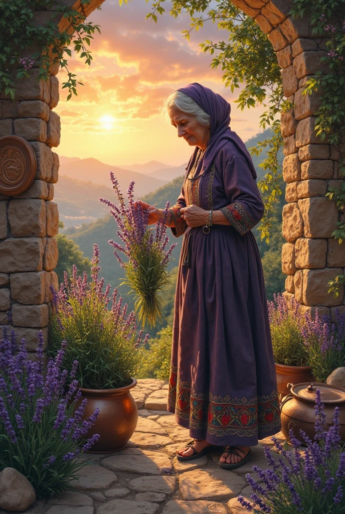 A folkloric scene merging thyme, traditional medicine, and cooking: An elderly woman in embroidered dress harvesting purple thyme in a rustic village, with herbal remedies, a copper pot, and mystical symbols on stone walls. Warm earthy tones, magical sunset light, detailed realism.  