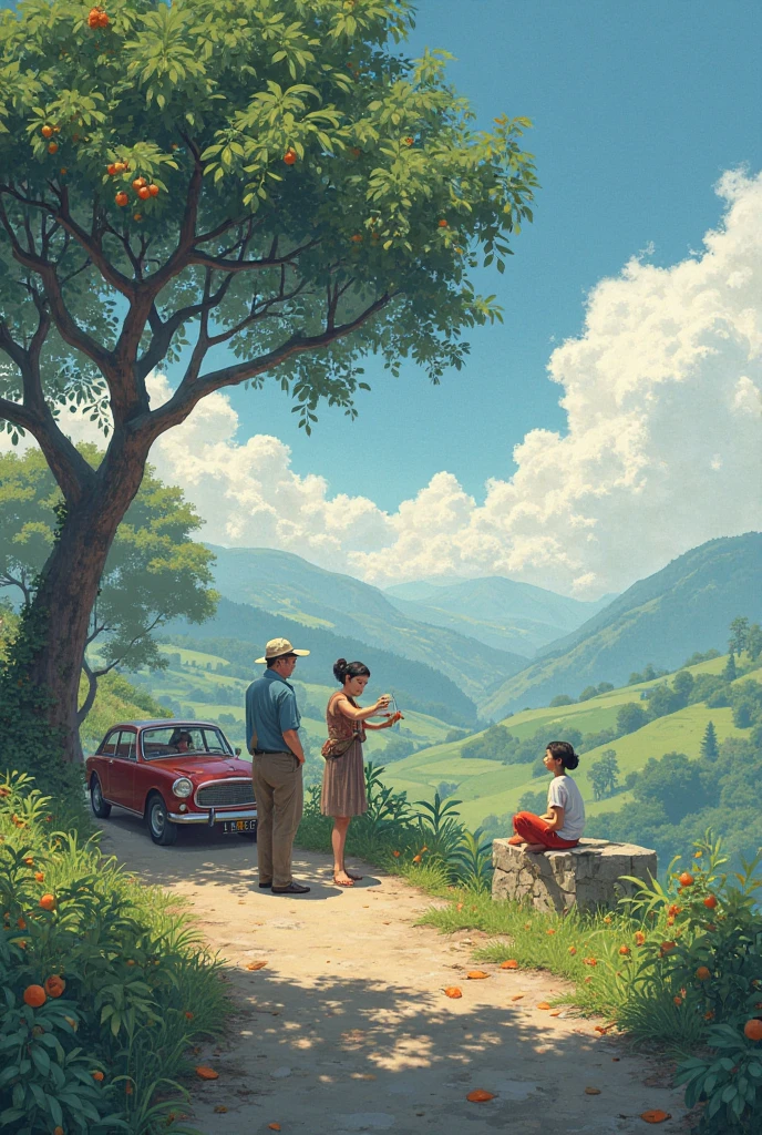 Me watching in the distance on the edge of the road to paradise in a car older dad and mom standing on a stone cutting fruit from a tree and mom sitting on a stone with clouds around them