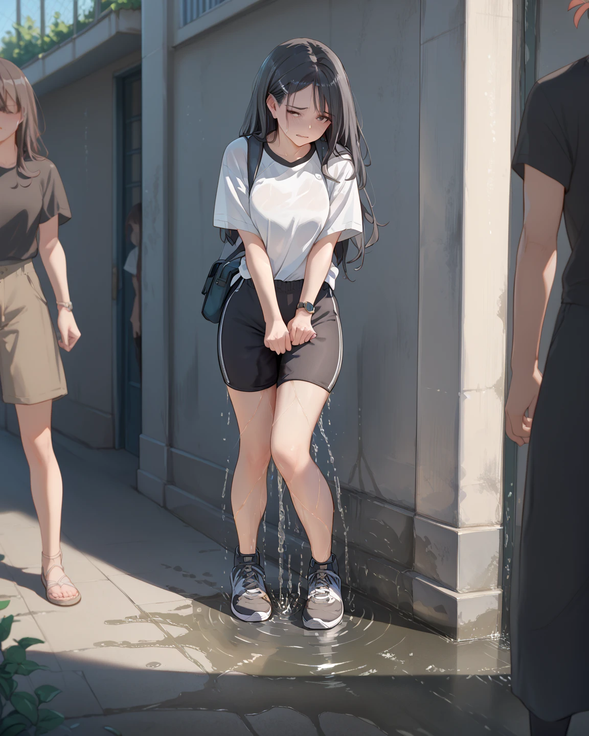 1 long hair, 1 girl is suddenly incontinent on the street, standing, peeing urine, urine flowing down the thighs to the ground, looking away, standing, embarrassed, blushing, shutting, street (girl is peeing herself: 0.4), peeing, leaking panties, white panties, barefoot, urine with golden urine,