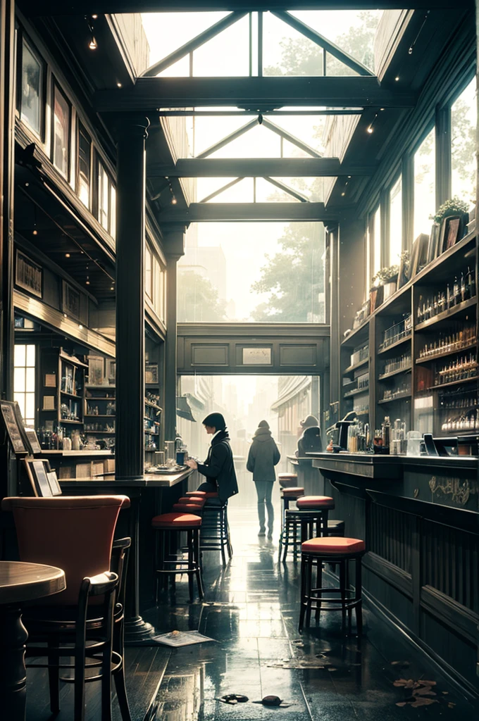 A cozy, stylish coffee shop interior inspired by Café Leblanc from Persona 5. A rainy evening outside the window, seen through misty glass with raindrops, warm ambient lighting inside, shelves of books and vintage decor, a lone person sitting by the window with a cup of coffee, looking out with a melancholic and tired expression. Soft shadows, muted colors, moody atmosphere, cinematic lighting, jazz bar vibe, reflections on the window, calm and introspective mood. Studio Ghibli and Makoto Shinkai art style, 4K resolution.