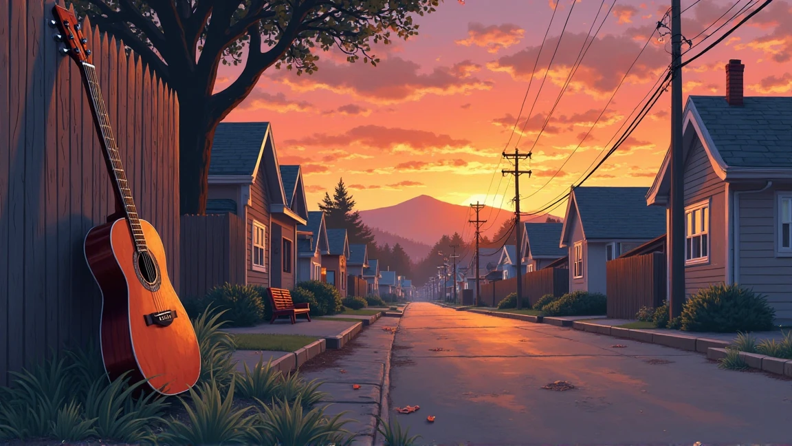 「small town residential area、The sunset is a house々Dye it red。Gibson is propped against a fence on a quiet street、the swing swings in the wind。the sun sets on a hill in the distance。the melancholy of modern blues、expressed in warm orange and purple gradations。minimal and nostalgic scenery。」
