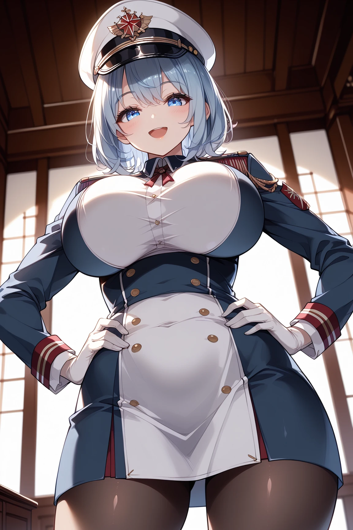 deep skin,textured skin, blue eyes, short light blue hair, smiling,
BREAK  (bow, braid, braided bun, buttons, cleavage, cleavage cutout, clothing cutout, dress, epaulettes, french braid, gold trim:1,2)
BREAK NSFW,(wind, Wind lift, Skirt that lifts in the wind, Skirt that curls up in the wind, Skirt flutters: 1.5), ( Panties Fully Exposed: 1.5),(Standing: 1.7), BREAK outside a mansion with a garden around it.
BREAK (masterpiece:1.2), best quality, high resolution, unity 8k wallpaper, (illustration:0.8), (beautiful detailed eyes:1.6), extremely detailed face, perfect lighting, extremely detailed CG, (perfect hands, perfect ???????),
