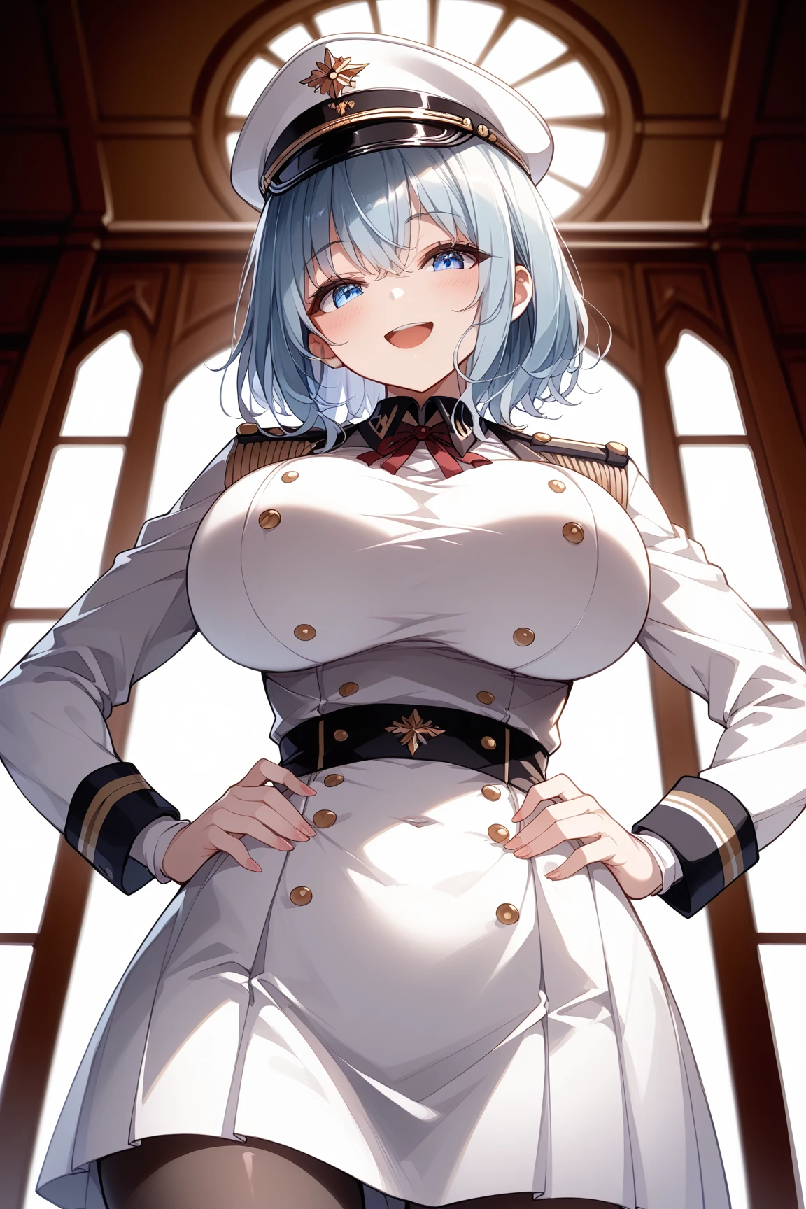 deep skin,textured skin, blue eyes, short light blue hair, smiling,
BREAK  (bow, braid, braided bun, buttons, cleavage, cleavage cutout, clothing cutout, dress, epaulettes, french braid, gold trim:1,2)
BREAK NSFW,(wind, Wind lift, Skirt that lifts in the wind, Skirt that curls up in the wind, Skirt flutters: 1.5), ( Panties Fully Exposed: 1.5),(Standing: 1.7), BREAK outside a mansion with a garden around it.
BREAK (masterpiece:1.2), best quality, high resolution, unity 8k wallpaper, (illustration:0.8), (beautiful detailed eyes:1.6), extremely detailed face, perfect lighting, extremely detailed CG, (perfect hands, perfect anatomy),