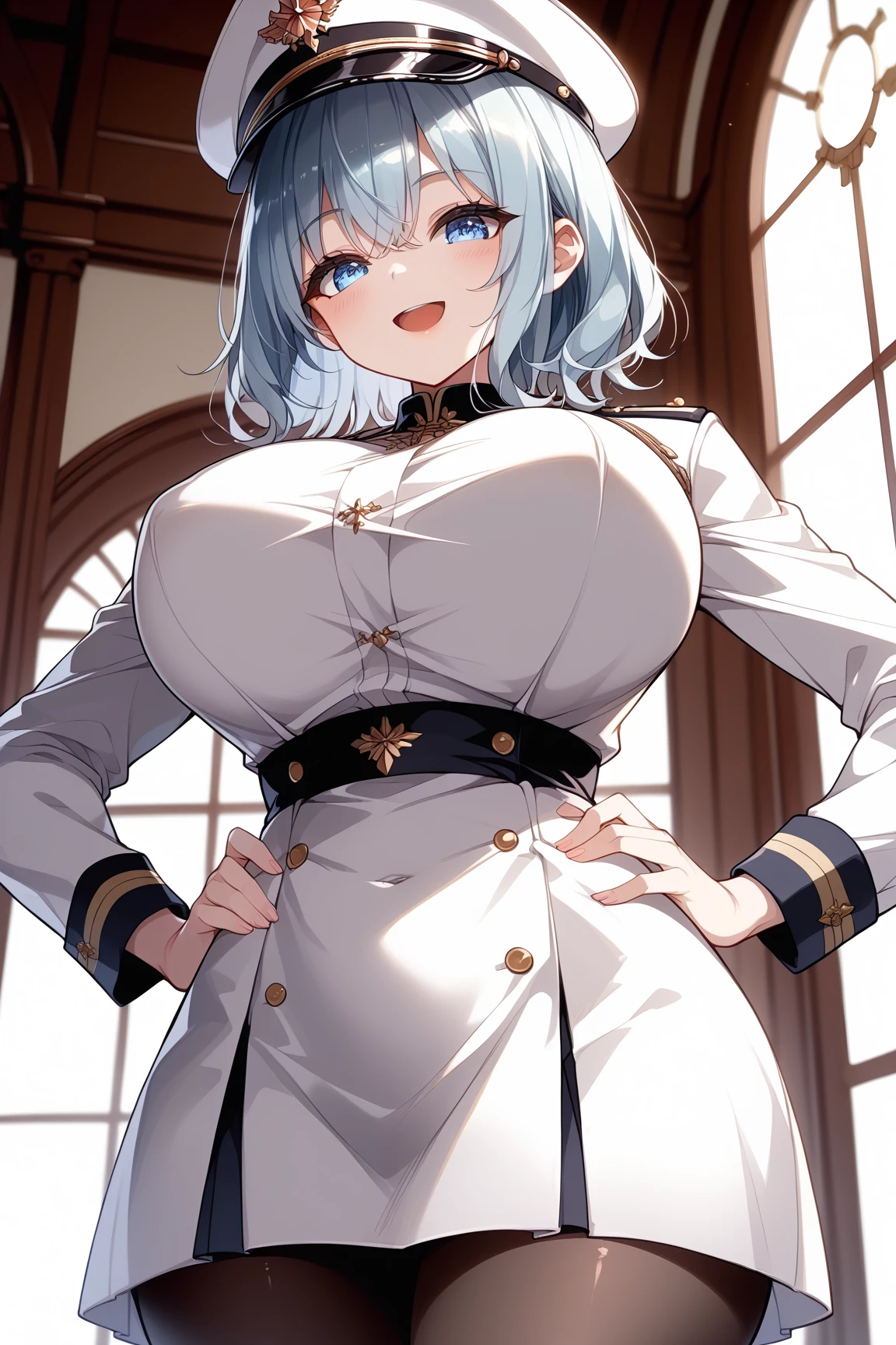 huge tits, busty, gray hair, blue eyes, detailed, masterpiece, best quality, 4K, HDR, castle, night, upperbody, emotionless, close up