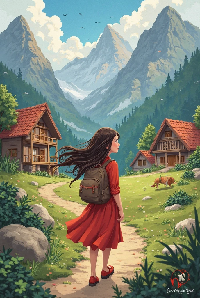Once upon a time there was an  named Luciana, She had long hair, red dress and a backpack, I lived in a small town surrounded by big mountains and beautiful cabins surrounded by lots of plants