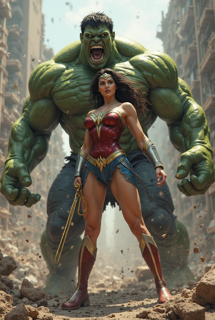 Wonder Woman, Realistic, Big breast, Full body, Fighting with Hulk, view of the city from above, evil giant birds