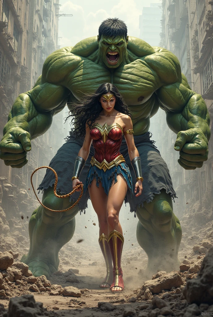 Wonder Woman lifting the hulk high over her head with her strong arms. She is standing on a cliff with tall Mountains in the background. 