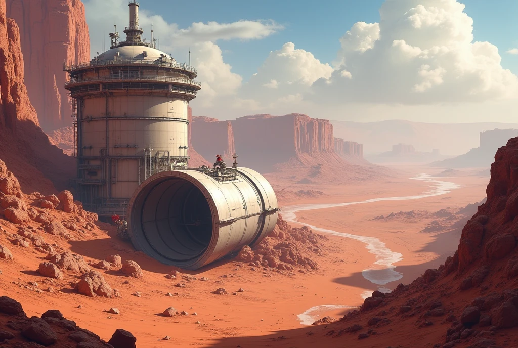 Depicts a scene, industrial robot's buliding and connecting Cylindrical habitat module on mars planet, mountain valley in background, camera positions; high above, view angle; panoramic view, ultra wide shot, illustration style; anime, sci-fi settings, 8k resolution, masterpiece
