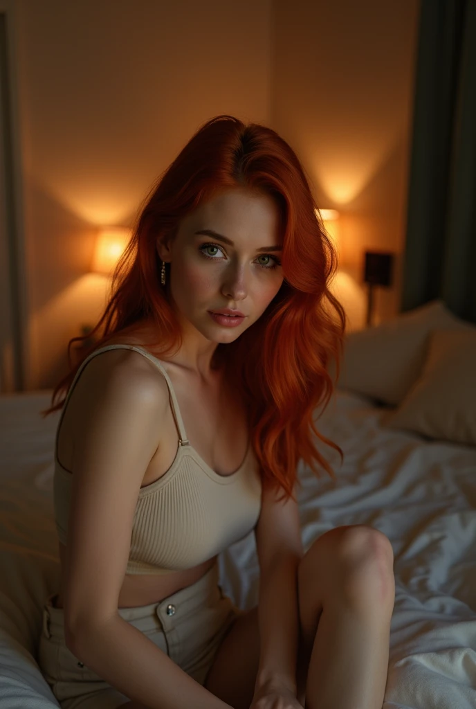 Create a red-haired girl with a big bust and a big butt, 90 60 90 in measurements, lying down looking to the side with her legs to the side, naked, placing her hands on her waist