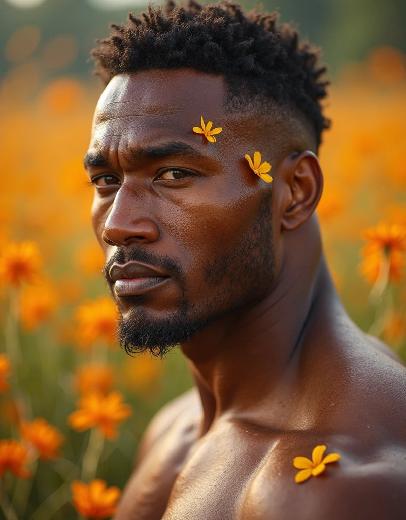 Reflector portrait shot of Djinn in Wildflower meadow, photorealistic, cinematic lighting, volumetric lighting, dark atmosphere,
