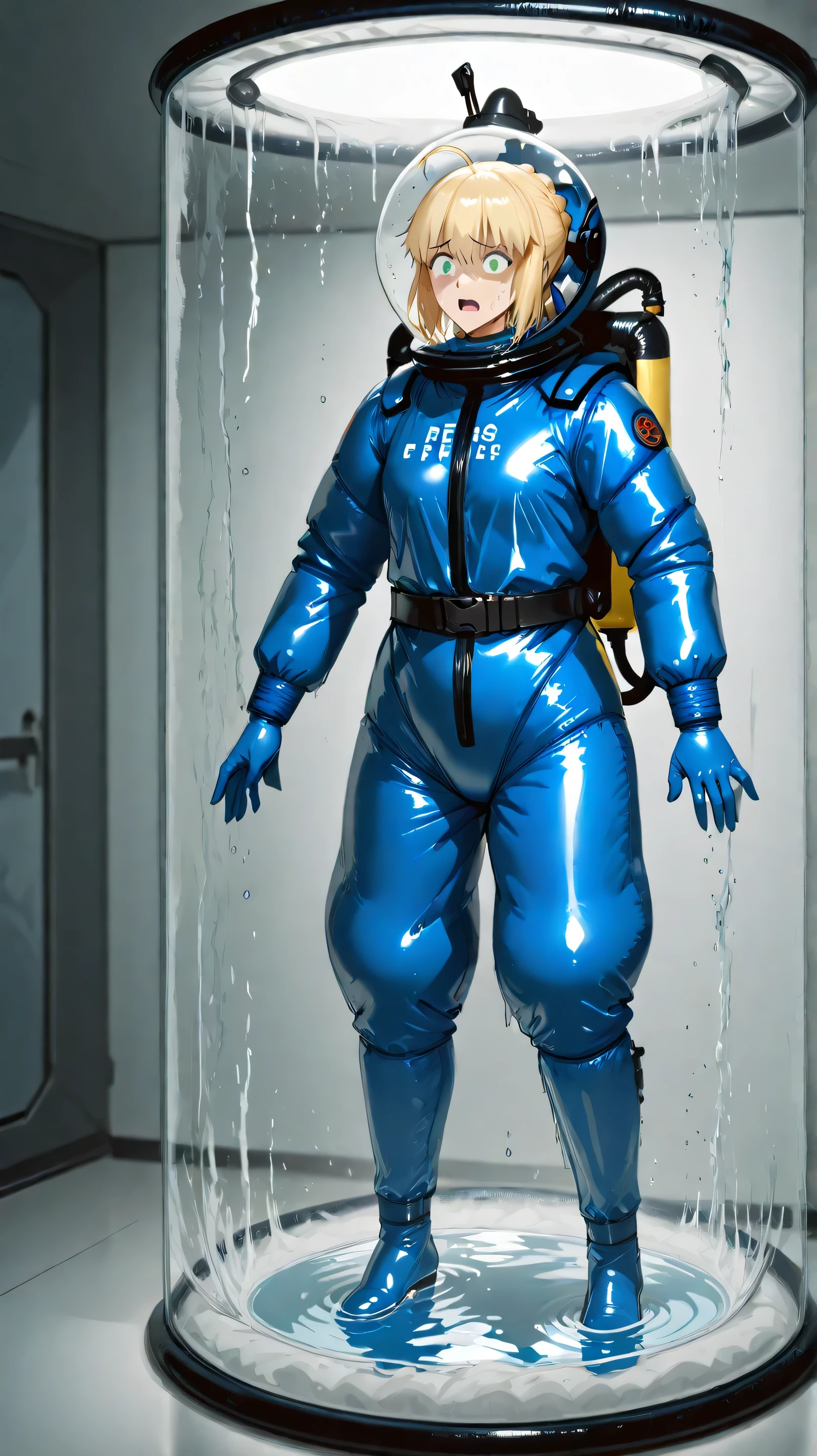 Saber fate, inflatable blue Spacesuit , latex sweat hazmat helmet, standing in a glass tube half filled with water, suffocating, afraid, fearful, terrified, trying to get out, begging,