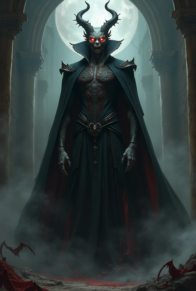 a dunmer necromancer, a dunmer stealth hybrid, worshiper of namira, detailed face, intricate robes, glowing eyes, holding a staff, dark fantasy, moody lighting, cinematic composition, dramatic, rich color palette, muted tones, atmospheric, highly detailed, photorealistic, 8k, best quality