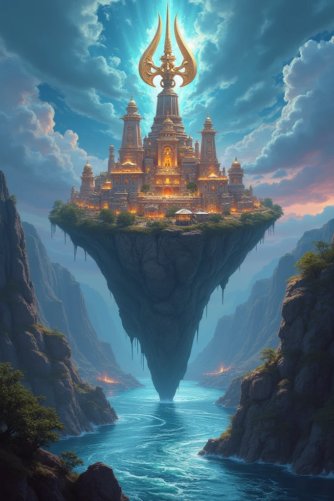 The city of kashi as an island on the top of trishula and river on the bottom. electrifying realsitic art 