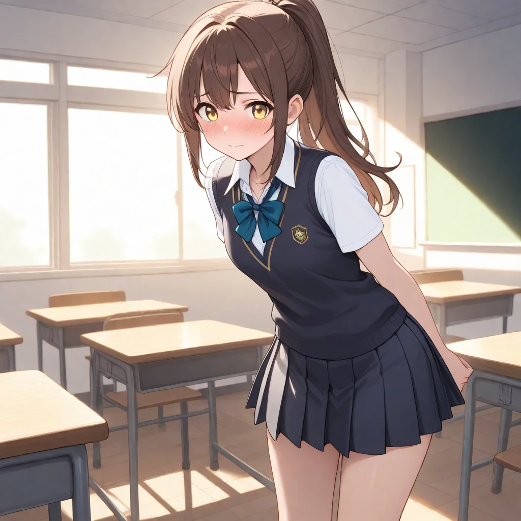 one girl,full body figure,ロリbig breasts、child、primary school student、low length、very big boobs,big boobs,perfect 5-fingered hands、mini skirt、I can see white panties、whitepanty、shy face、perfect thing、highest quality、big breasts、detailed description、small details、detailed face、white skin、lift skirt、Skirt flip、classroom、erotic pose、Nanoha Takamachi、takamachi nanoha、magical girl lyrical nanoha、school uniform