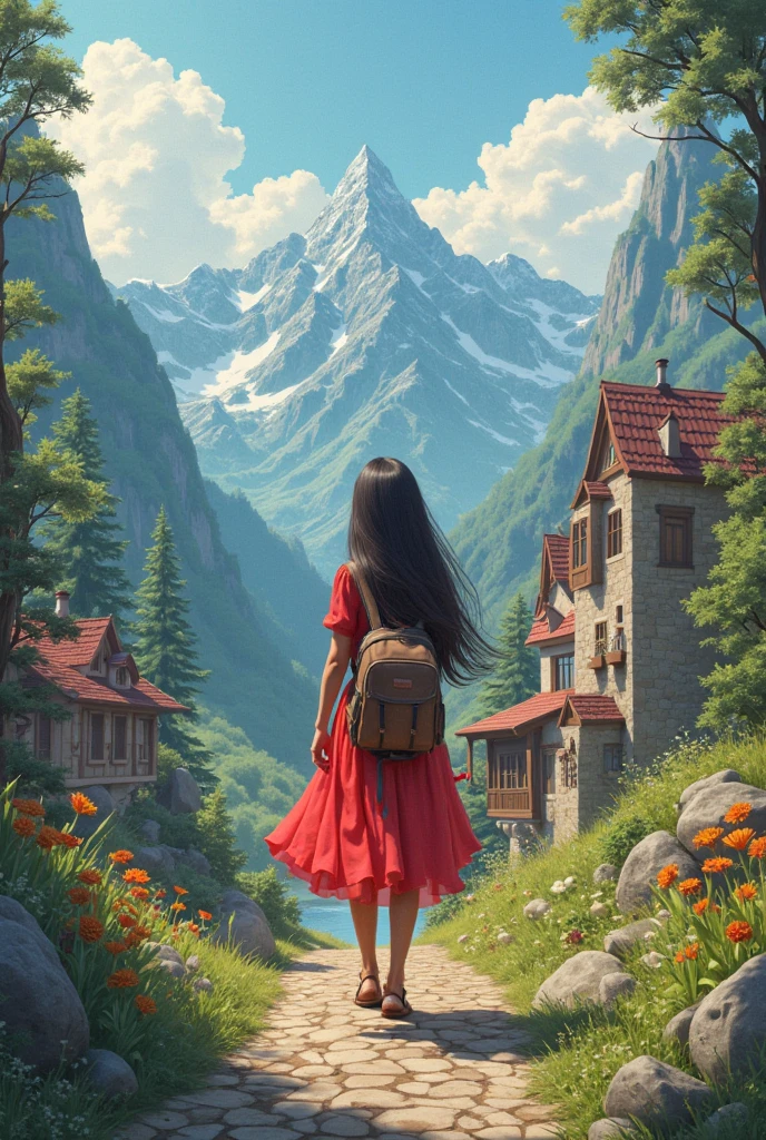 Once upon a time there was a  named Luciana, She had long hair, red dress and a backpack, who lived in a small town surrounded by mountains.