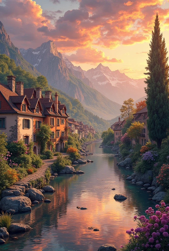 a small village by the river, mountains in the background, floral flowers colorful, detailed landscape, Beautiful natural landscapes, atmospheric lighting, scorching sunset, warm colours, practical, photopractical, Detailed Foliage, complex buildings, cobblestone street, Charming country house, swirly vibrant colors, lush vegetation, Still water reflections, Picturesque, idyllic, work of art, best qualityer, 8k, extremely detaild,anime styling