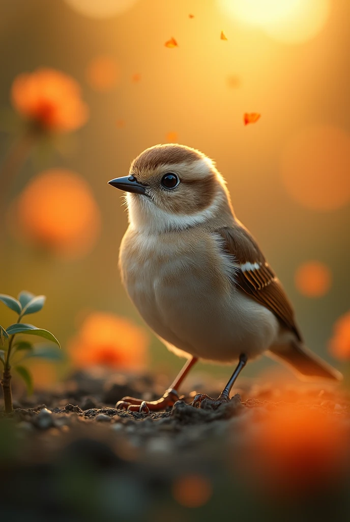 A mesmerizing close portrait of a beautiful little bird illuminated by the soft golden light of a quiet morning, with vibrant bokeh balls gently framing her delicate shape.