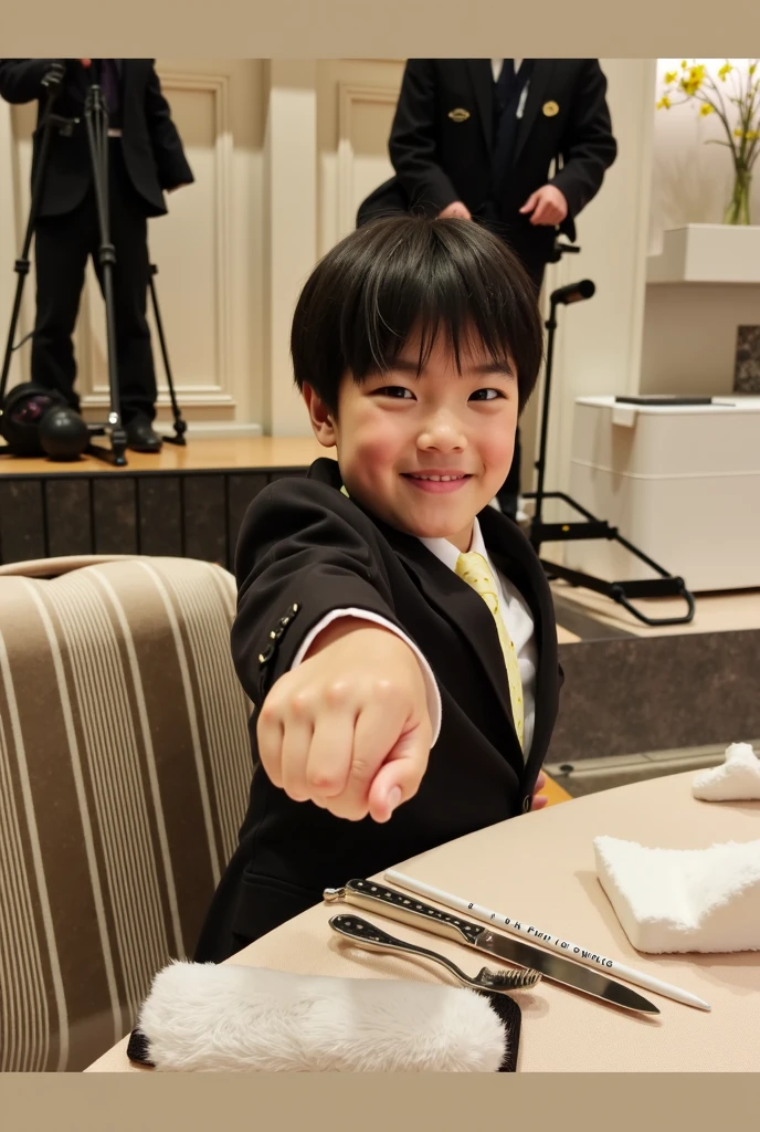 A boy sitting at the table，He raised his hand and pointed a finger, He looked at the position of the fingertips of the raised hand，Wrote an invisible word in the air，In the warm sunlight shining through the nearby windows。
