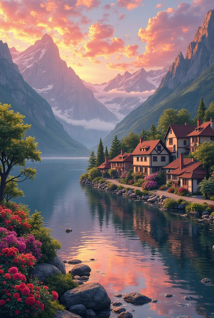 A small town next to the river, mountains in the background, colorful floral flowers, detailed landscape, beautiful natural landscapes, atmospheric lighting, scorching sunset, warm colors, practical, photographic, detailed foliage, complex buildings, cobblestone street, charming country house, vibrant colors, lush vegetation, reflections in the water,  picturesque, idyllic, artwork, better quality, 8K, extremely detailed, anime style
