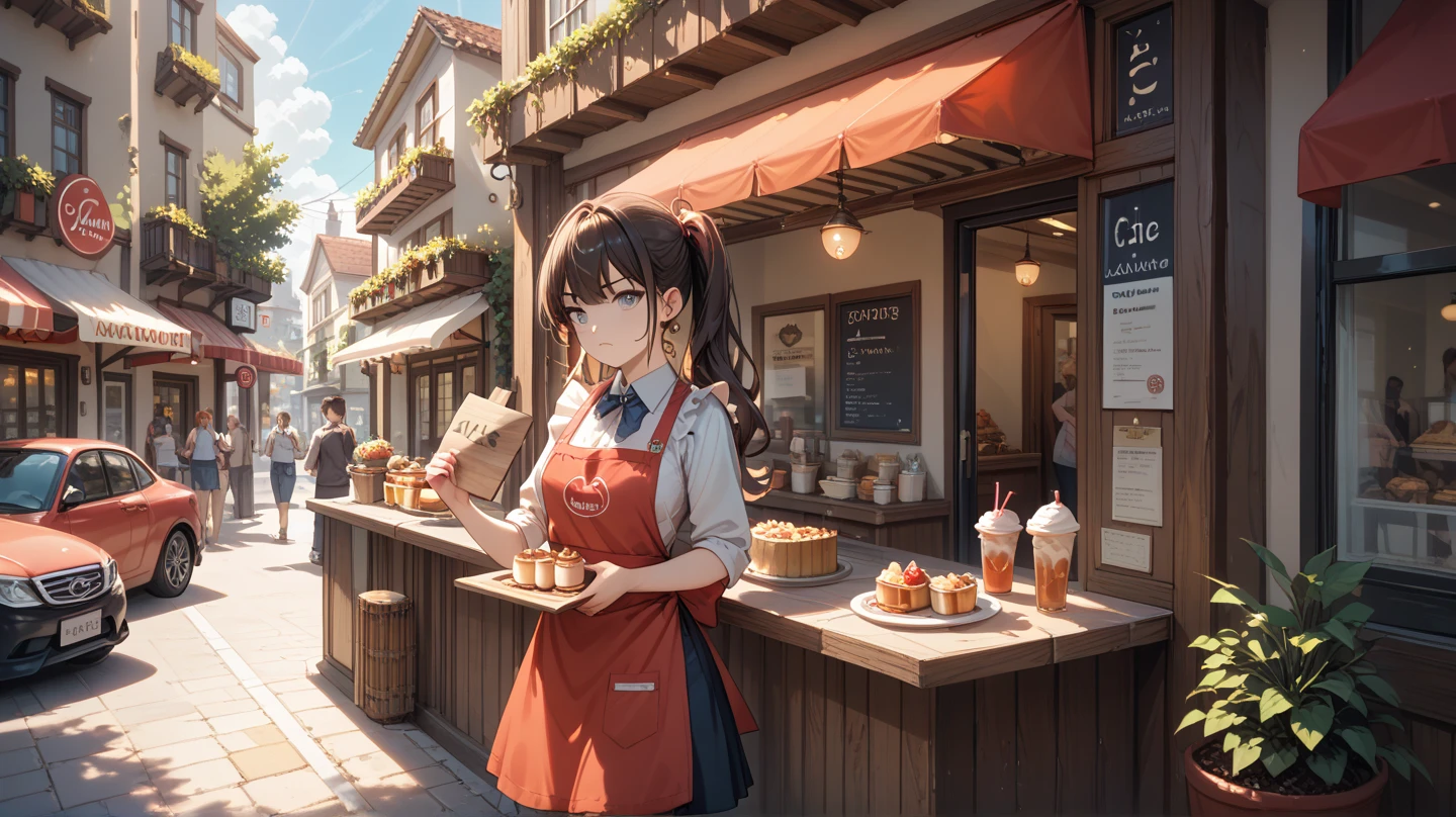 A small cafe on a quiet European-style street in the morning. A real cat (bipedal, standing like a human) in an apron holding up a sign. The cat is white and brown beaked, serious expression. The café's entrance door is open, letting light in.