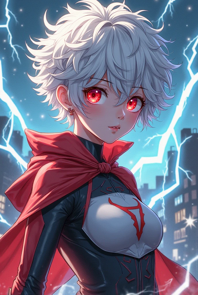 girl in the style of my hero academia, with white short curly hair, and red eyes, and with lightning around