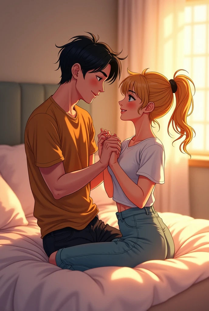 A boy sits up slightly, sitting down, with the legs of a girl still on top of him. He grabs your legs and puts them around his waist, getting closer to him, and begins to caress your back from top to bottom with one hand, still relaxed*