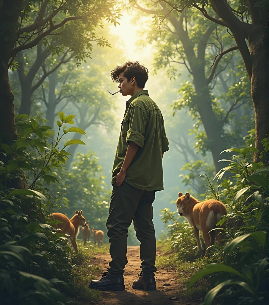 jovem homem, cool hip hop style blouse, smoking and looking at animals in a forest, Man with his back watching the sun shining