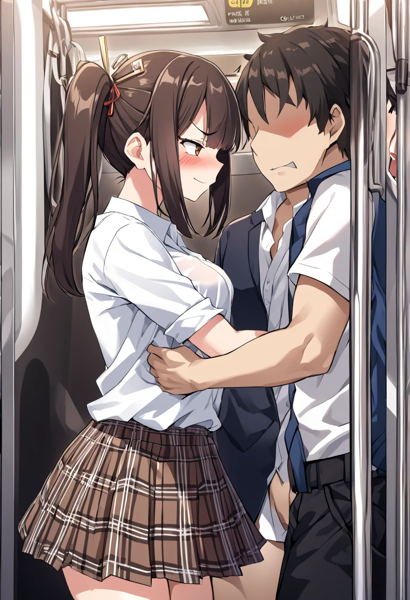A middle-aged man with black bob hair and a blazer and uniform is standing holding onto the handrail of a train、He is rubbing the buttocks of a girl in a navy blue checked skirt.