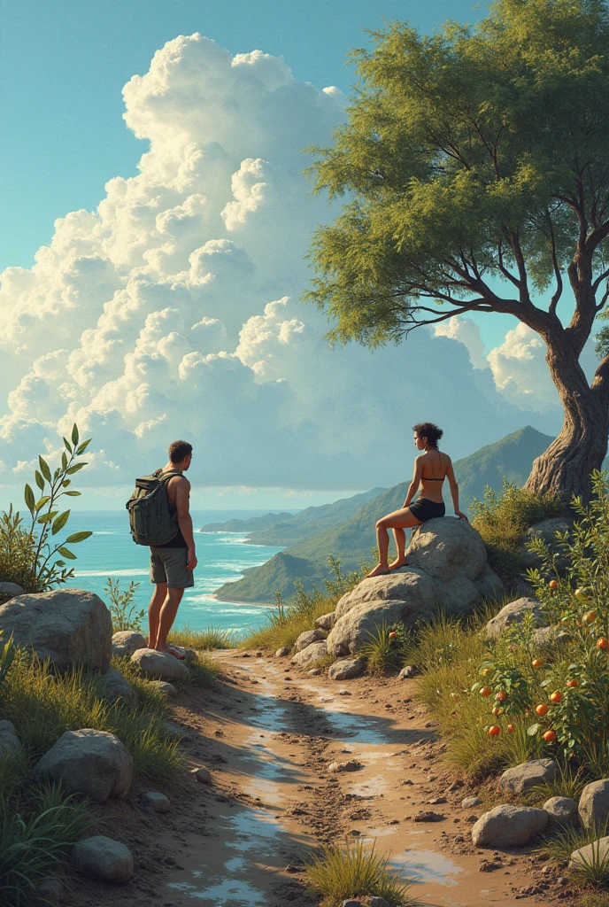 Me looking in the distance from a car on the edge of the mud road of paradise to older dad and mom, dad standing on stone chopping fruit from the tree and mom sitting on stone with lots of clouds around them