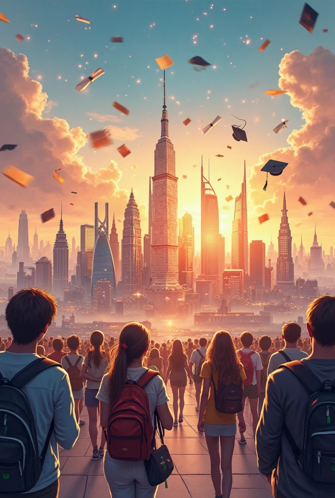 
"A stunning, colorful skyline that blends world-famous landmarks from the UK, USA, Australia, Canada, France, Hungary, and Dubai — crafted to inspire students to study abroad. Include Big Ben and Tower Bridge (UK), Statue of Liberty and Golden Gate Bridge (USA), Sydney Opera House (Australia), CN Tower (Canada), Eiffel Tower (France), Hungarian Parliament Building (Hungary), and Burj Khalifa (Dubai). Surround these landmarks with happy, diverse international students wearing backpacks, reading books, taking selfies, and tossing graduation caps. Add subtle academic elements like floating diplomas, books, and inspirational sparkles in the sky. Set during a golden sunset with glowing lights, creating an eye-catching, warm, and hopeful atmosphere that invites students into a global future.