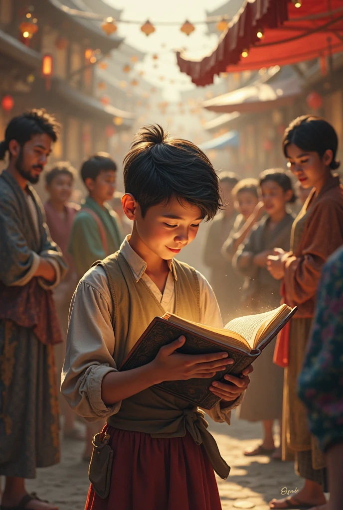 "People laughing at the tea seller boy, while he reads a book with determination, dreamlike soft lighting"