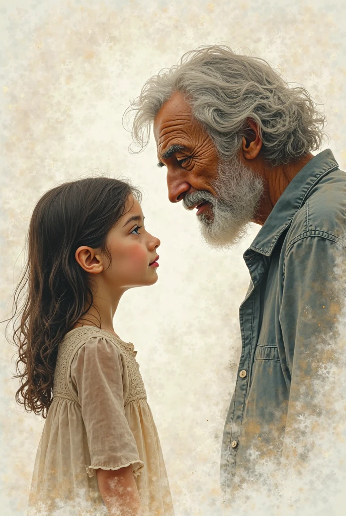 Create two people who look into each other's eyes (both in profile) one of them is a young girl and the other is her old version. This human must look like a drawing 