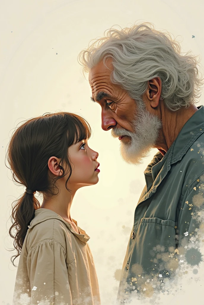 Create two people who look into each other's eyes (both in profile) one of them is a young girl and the other is her old version. This human must look like a drawing 
